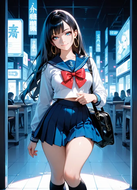 masterpiece, best quality, good quality, newest, highres, absurdres, 1girl, solo, long hair, breasts, looking at viewer, smile, blue eyes, shirt, skirt, black hair, long sleeves, bow, closed mouth, jewelry, standing, school uniform, thighs, earrings, pleat...