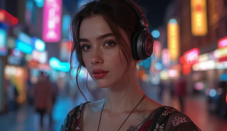 whole body、 beautiful collarbone、ヘッドフォンをしているBeauty、The best photos for TikTok、Beauty、 dynamic angle to appreciate pussy、ヘッドフォンをしているBeauty、Night city background with neon lights