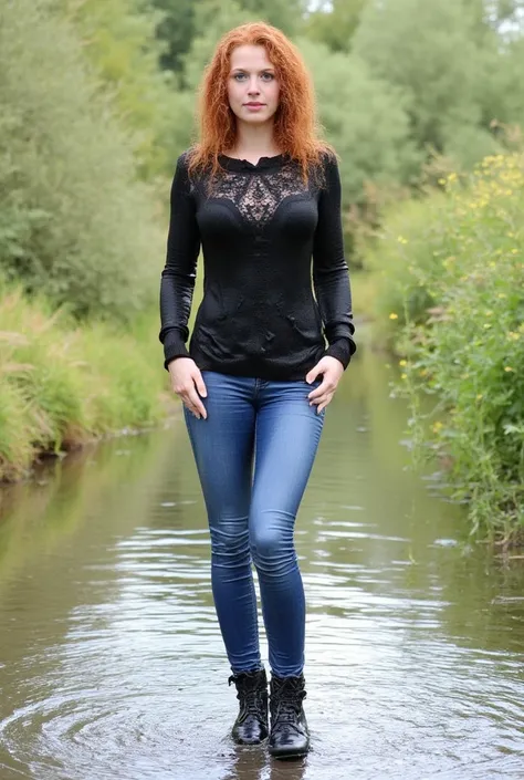 tall red head woman, blue eyes, curly hair,  skinny jeans, stiletto heel boots, partly wet clothes,  partly wet jeans,  outside walking in a creek, wet clothes,  wet hair, partialy submerged