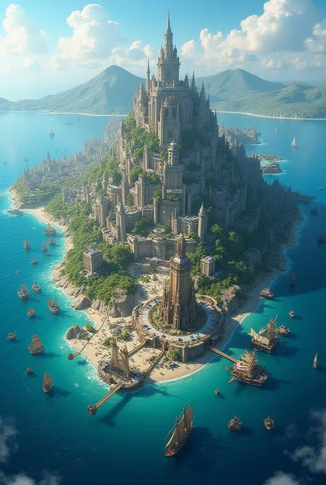 Make a image of a island in the middle of the ocean and it has a city and people there, but make it big and with population 