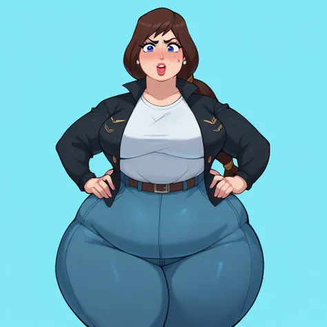   score  _9,   score  _8_arriba,   score  _7_arriba,  a girl, Lyla(big fat body ), piel oscura,   brown hair,   long hair,   ponytail  , blue eyes,   Pechos grandes, wide waist ,   wide hips,    looking at the spectator ,   jacket, without fingers,   highr...