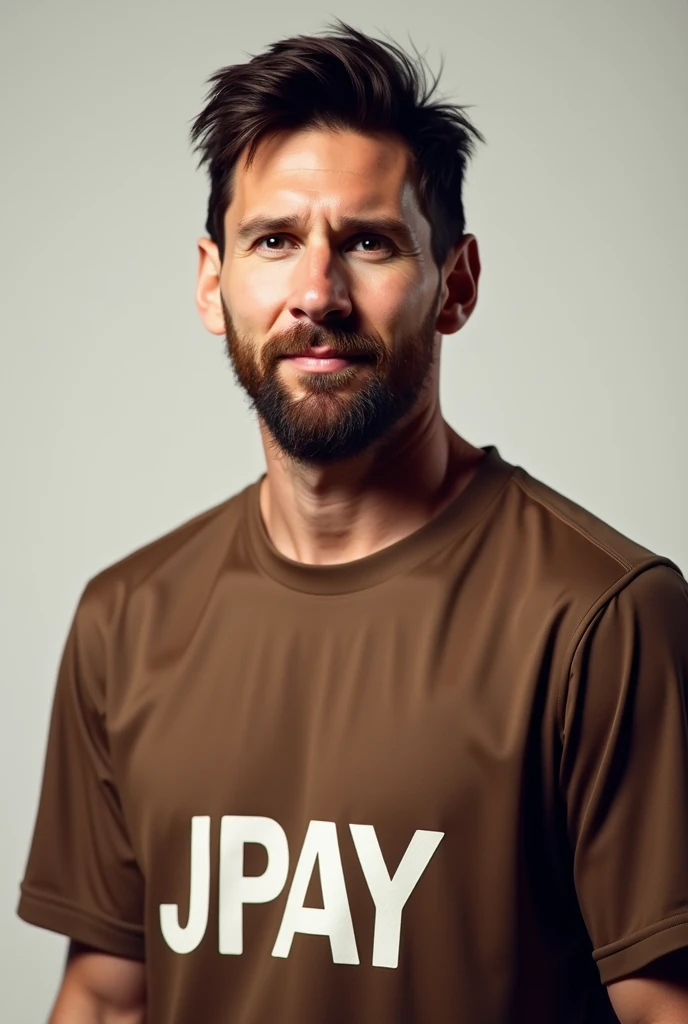  Lionel Messi wearing a brown t-shirt,  and on the shirt it says the word  (JPAY )  in white 