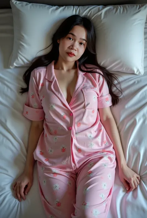 (( Masterpieces,  high quality,  high resolution,  CG data. Unified 8K background image.)), Beautiful Japanese girl,  beautiful Japanese girl ,  Lying on the bed , ( lying on white sheets , Wearing an oversized blouse and pink floral print pajamas :1.5), *...