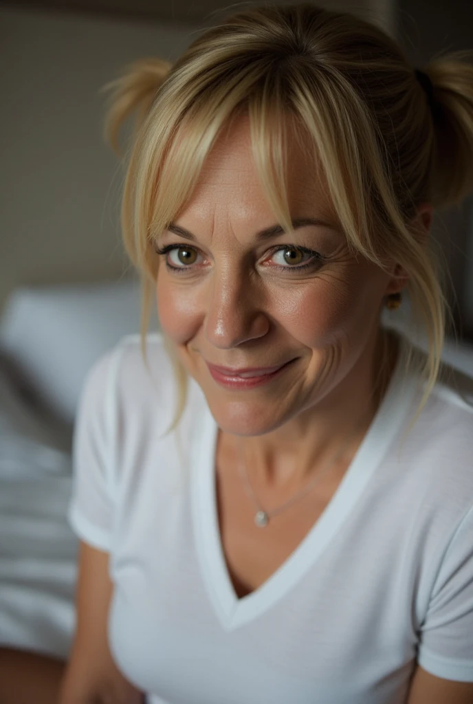 Amateur photo, sharp detail, realistic detail, bokeh. Closeup, cinematic lighting. Dramatic low angle at subject leaning forward to look at the viewer. A beautiful curvy caucasian woman, smile lines, wrinkles, 47 years old, short blonde hair, pigtails, (wi...