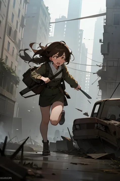 (2 Girls),Very thick fog,road,running,brown hair,female,crying, destroyed city, burning city, air raids, planes on sky