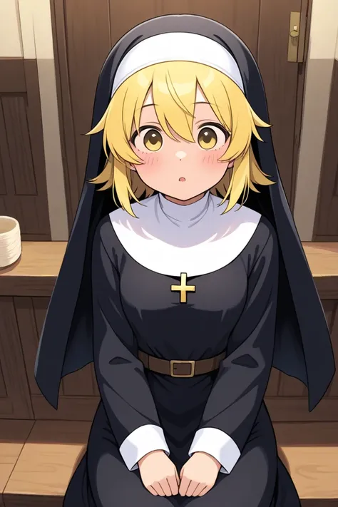 Make a yellow-eyed blonde nun in her early 20s with a peace tone