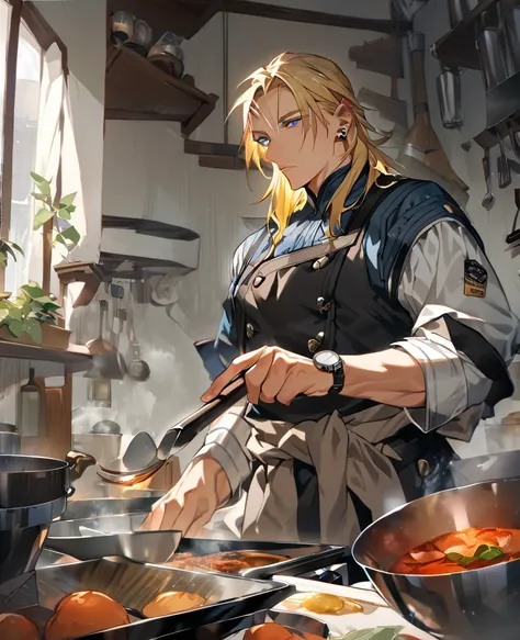 With his piercing blue eyes and blond hair, Basil would have everything to appeal to, except for his somewhat unstable temperament.

His impeccable chef’s white includes a short‐sleeved double‐breasted jacket with apron knotted around the waist, and dark g...