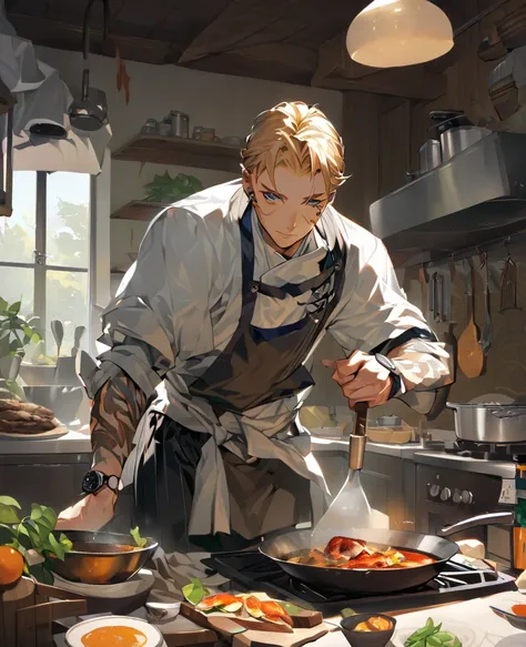 With his piercing blue eyes and blond hair, Basil would have everything to appeal to, except for his somewhat unstable temperament.

His impeccable chef’s white includes a short‐sleeved double‐breasted jacket with apron knotted around the waist, and dark g...