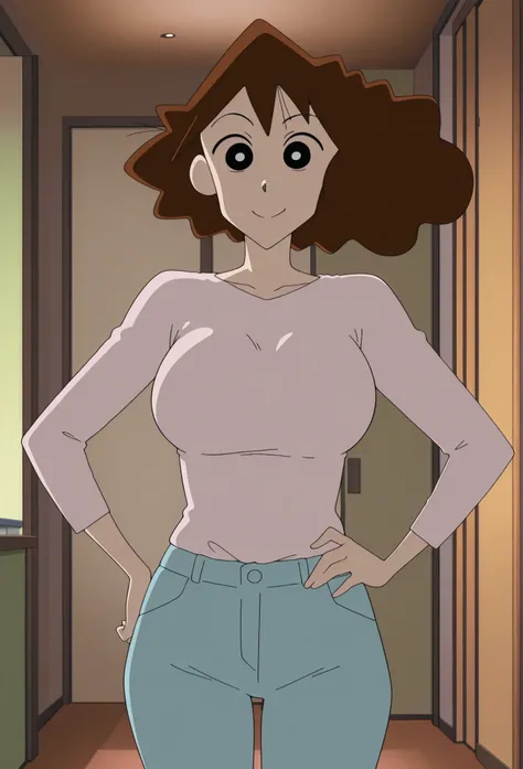 1girl,solo,Misae,brown hair,black eyes,anime coloring,
shirt,pants,cowboy shot, hand on own hip, looking at viewer, smile,indoors
,masterpiece,best quality,amazing quality, big size boobies 