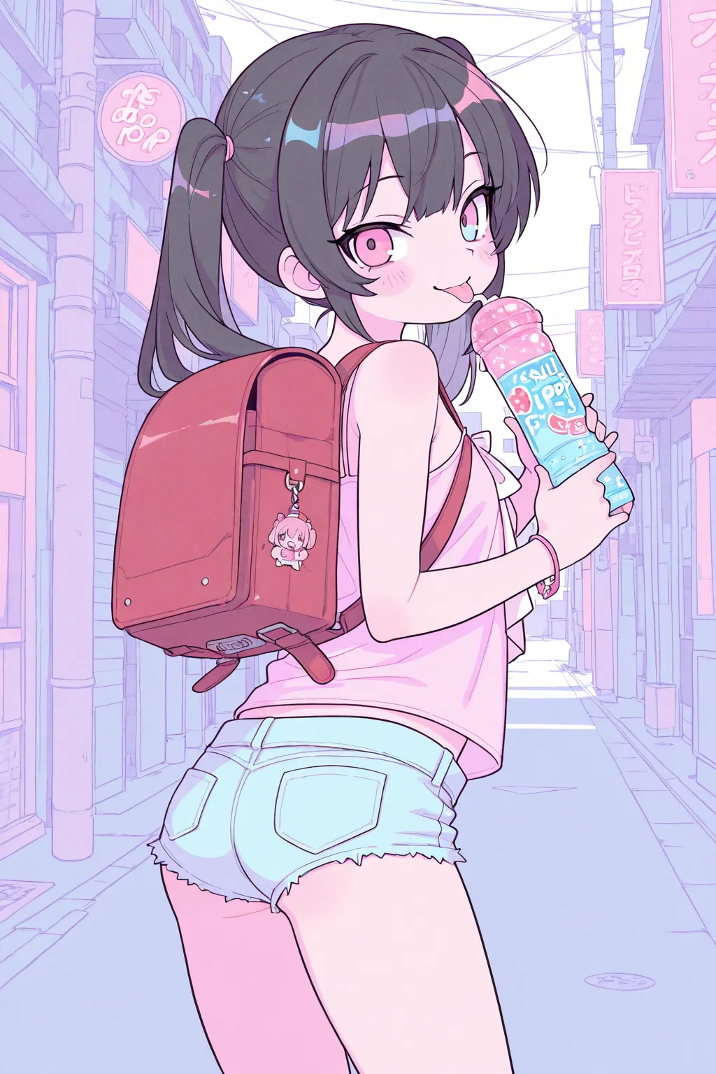  1 girl, change, Mesugaki,  cute,  cute, (  black hair:1.1),  twin tails, ( light blue eyes,  pink eyes:1.1),  pink camisole,   micro denim shorts ,  red backpack ,  look back,  charming smile, holding changepop, licking changepop, outside, urban area, ( p...