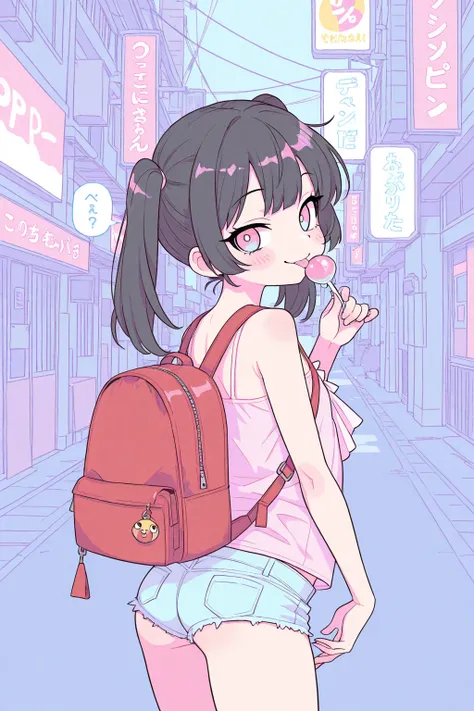  1 girl, change, Mesugaki,  cute,  cute, (  black hair:1.1),  twin tails, ( light blue eyes,  pink eyes:1.1),  pink camisole,   micro denim shorts ,  red backpack ,  look back,  charming smile, holding changepop, licking changepop, outside, urban area, ( p...