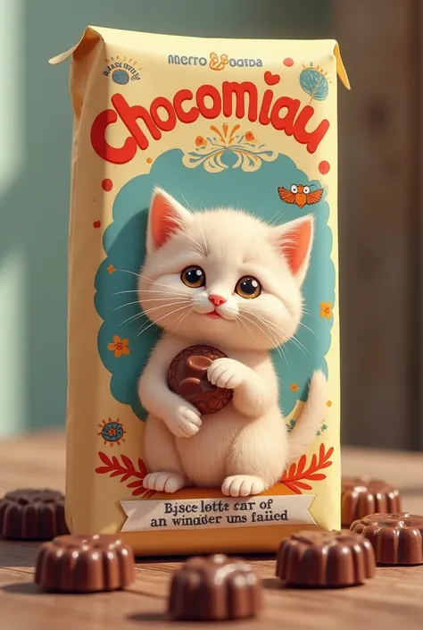 A chocolate that says chocomiau with a kitten on the wrapper and news about this chocolate and the worker of the month 