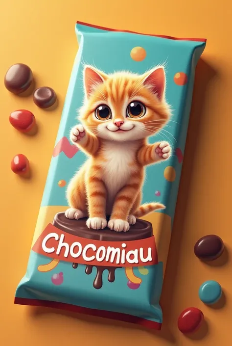 A chocolate that says chocomiau with a kitten on the wrapper and news about this chocolate and the worker of the month 