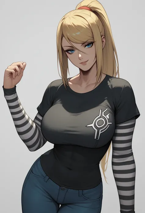 1 girl, solo, black short sleeve t-shirt, layered sleeves, white long sleeves, jeans, black t-shirt over white long sleeves, confident smile, large breasts, striped sleeves, black and white stripes, Samus, blonde hair, ponytail, blue eyes,