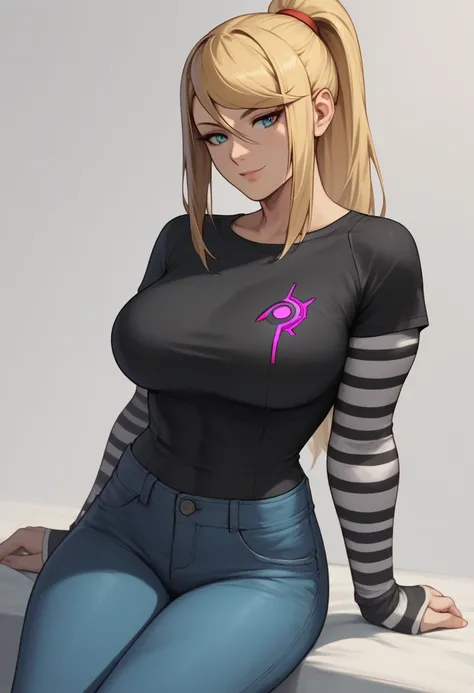 1 girl, solo, black short sleeve t-shirt, layered sleeves, white long sleeves, jeans, black t-shirt over white long sleeves, confident smile, large breasts, striped sleeves, black and white stripes, Samus, blonde hair, ponytail, blue eyes,