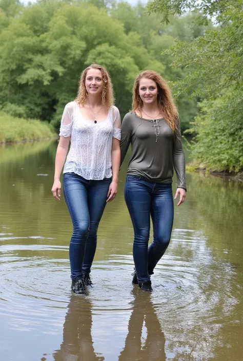 two tall women, blue eyes, curly hair,  skinny jeans, stiletto heel boots, partly wet clothes,  partly wet jeans,  outside walking in a creek, wet clothes,  wet hair, partialy submerged