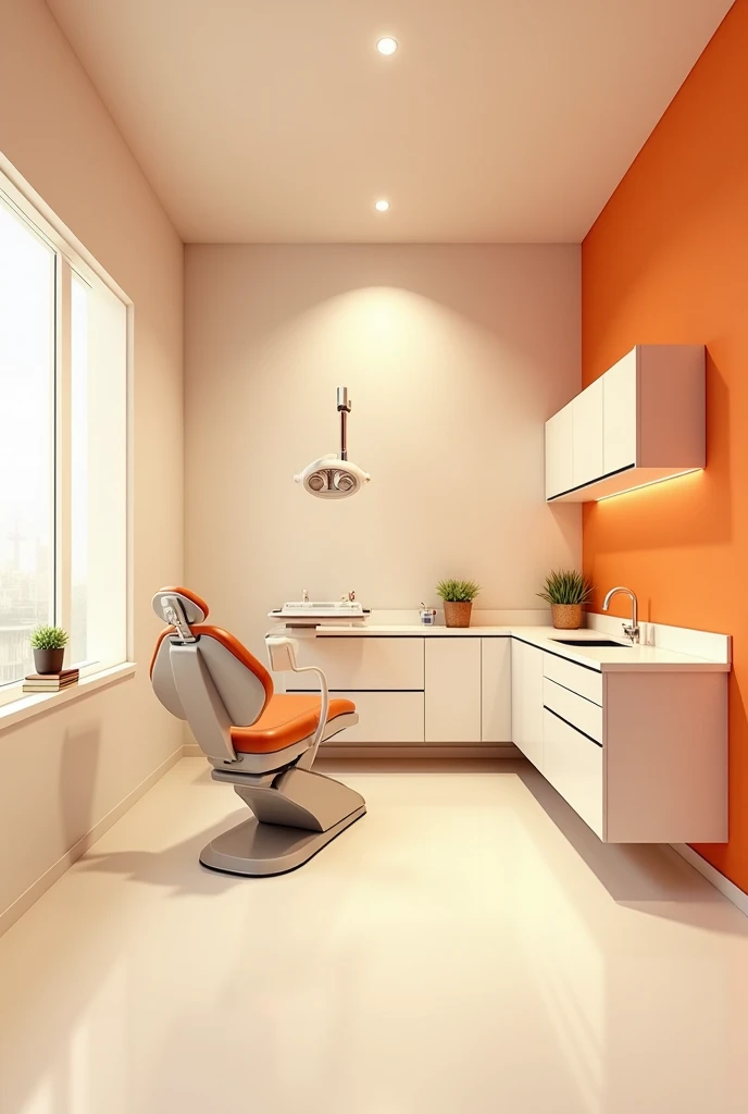 "A modern and well-equipped dental clinic room designed for an A4-width cover but shorter in height. The room features a clean and organized setting with a dental chair, medical equipment, and cabinets. The color scheme includes a soft, warm orange blended...