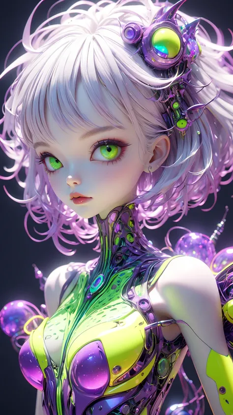  Tim Burton style、Chest、 neon  、purple 、yellow green、 albino、3D Futurism 、