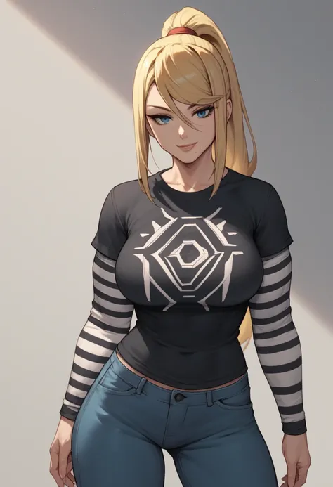 1 girl, solo, black short sleeve t-shirt, layered sleeves, white long sleeves, jeans, black t-shirt over white long sleeves, confident smile, large breasts, striped sleeves, black and white stripes, Samus, blonde hair, ponytail, blue eyes,