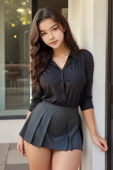 18 year old  face of a ager,  perfect slim body ,  long curly hair , Small bust number 42,  thick legs,  Brown skin, blue blouse and black school skirt 