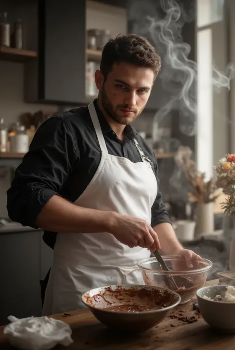 Neo-baroque style, oil pastel blend, young man\(with scar on cheek, melted chocolate on cheek, sharp eyes aiming at his prey, standing, holding cooking glass bowl in one hand and spatula in the other, mixing cooking bowl with spatula, wearing dangerous maf...