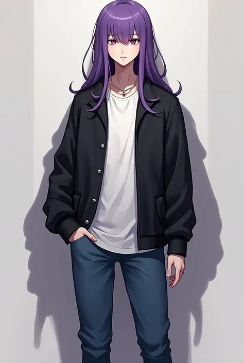 Create a full-bodied boy, with long straight purple hair with a black jacket and white t-shirt, wearing blue pants and black shoes 