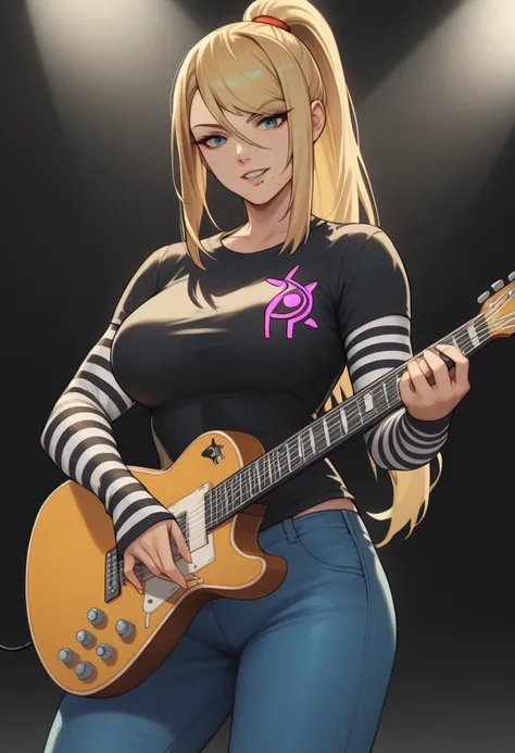 1 girl, solo, black short sleeve t-shirt, layered sleeves, white long sleeves, jeans, black t-shirt over white long sleeves, confident smile, large breasts, striped sleeves, black and white stripes, Samus, blonde hair, ponytail, blue eyes, singing up on st...