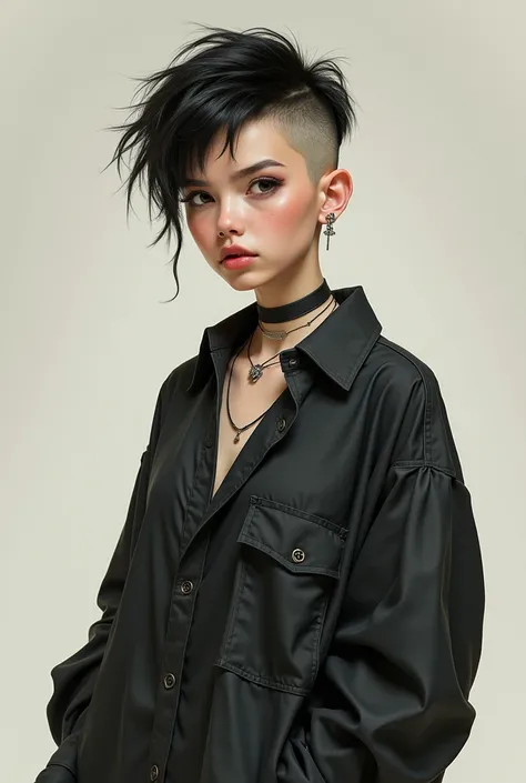 Girl with a Pixie Cut,  shaved on the side of the head,  large shirt