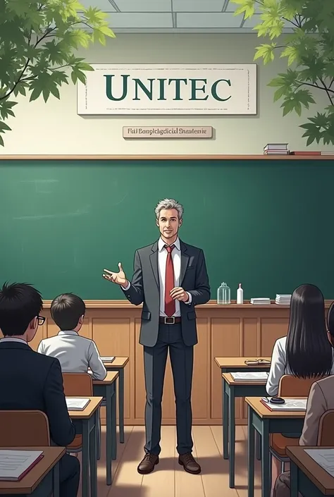  A simple classroom with some desks and blackboards .  A man is teaching a class while seeing a façade that says: "UniTec - Technological University ".