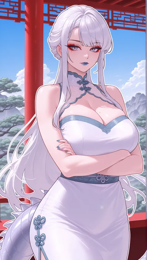 (Silver dragon tail), mixed_artwork style, long hair, white hair, sidelocks, side bangs, silver eyes, perfect eyes, (sharp eyes), white dress, Mole under eye, curvy, (massive chest), White outline, (expressionless), Sensual woman, Seductive woman, Mature f...