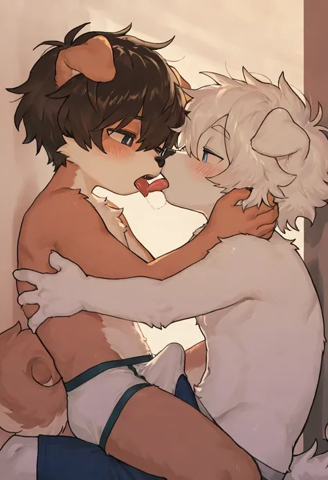 source_ furry， furry male，elementary school students，((boy )),Two dog boy s，Dog Tail  ,short hair,masterpiece, newest,absurdres, incredibly absurdres, bright eyes, detailed eyes,short hair,  messy hair, blush，Underwear， head tilt,upper body,boy  on the bot...