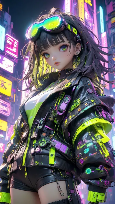  Tim Burton style、Chest、 neon  、purple 、yellow green、3D Futurism 、anime、Game、 cyberpunk、