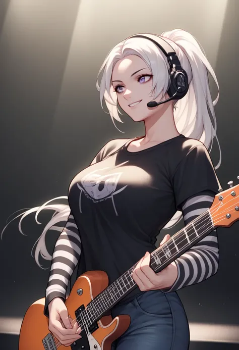 1 girl, solo, black short sleeve t-shirt, layered sleeves, white long sleeves, jeans, black t-shirt over white long sleeves, confident smile, large breasts, striped sleeves, black and white stripes, defEdel, white hair, ponytail, purple eyes, up on stage, ...