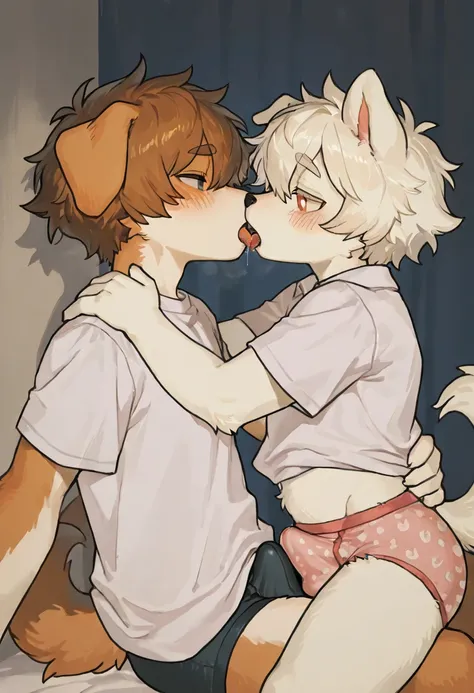 source_ furry， furry male，elementary school students，((boy )),Two dog boy s，Dog Tail  ,short hair,masterpiece, newest,absurdres, incredibly absurdres, bright eyes, detailed eyes,short hair,  messy hair, blush,shirt，Underwear， head tilt,upper body,boy  on t...