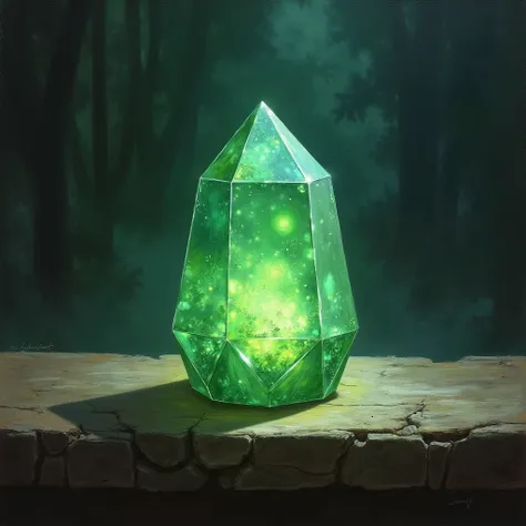 A green crystal in Middle Earth, appearing as a magical object, painted in oil.