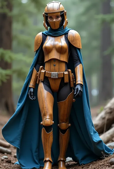 Sexy female stormtrooper (Star Wars), armored leotard, wood helmet, wood armor, wood mask, wearing blue cape