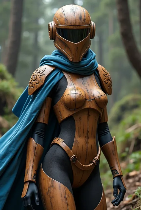 Sexy female stormtrooper (Star Wars), armored leotard, wood helmet, wood armor, wood mask, wearing blue cape