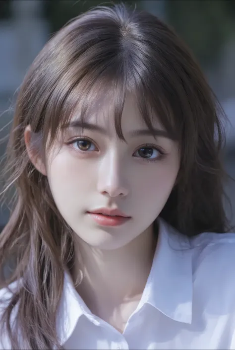 ( masterpiece, top quality :1.2), 1 female, Around town, white shirt,cute face ,Baby Face, Japanese woman, long hair, her hair is wavy, high school girl, Cinematic Lighting , focus on her face , Background Blur, great atmosphere