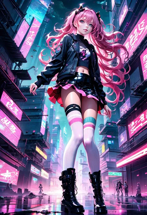  Hi-Res,  top quality,  masterpiece,   in ultra high quality , 超 Hi-Res,  Hyperrealistic , 3d, Anime,  illustration,  fantasy, Hard Rock Girls,  playing a very beautiful and cute ,   pink wavy hair ,  side blade ,  miniskirt,  knee-high socks,  engineer bo...