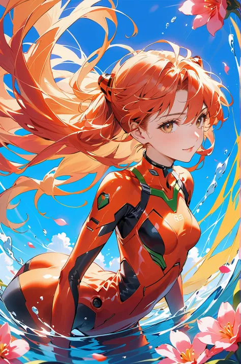 masterpiece、highest quality、Evangelion、pilot、One Girl、Plug Suit、asuka langley、Hair swaying gently in the breeze、Brown eyes sparkling with vitality、Long flowing hair tied up with a hair tube、Small breasted person、Abstract background、Blue background reflecti...