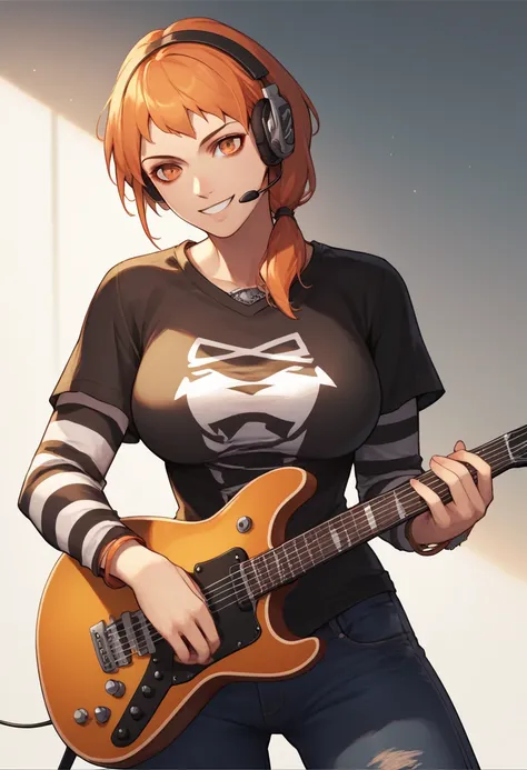 1 girl, solo, black short sleeve t-shirt, layered sleeves, white long sleeves, jeans, black t-shirt over white long sleeves, confident smile, large breasts, striped sleeves, black and white stripes, defLeonie, orange hair, orange eyes, up on stage, electri...