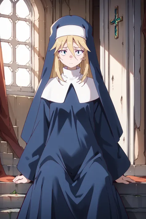 score_9, score_8_up, score_7_up, score_6_up, score_5_up, score_4_up, BREAK source_anime,
gill, 1girl, solo, blonde hair, long hair, long sleeves, blue eyes, long skirt, hair between eyes, habit,nun, sad look