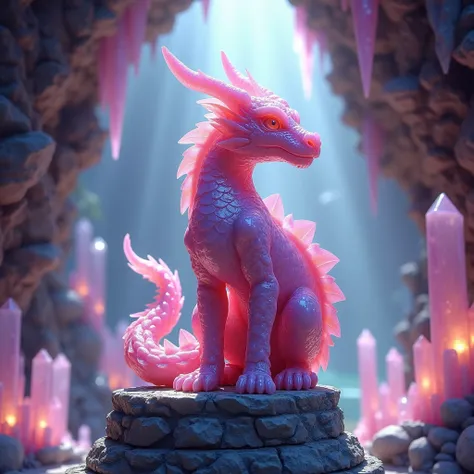  Book cover with the statuette of a dragon made of pink lapis lazuli under a stone pedestal carved in a rosy cave filled with crystals. RPG perfection 