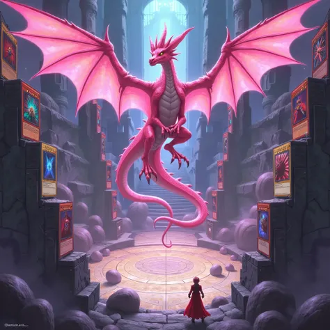 Book cover with YuGiOh cards of the pink dragon hanging over an arena. Realistic RPG 