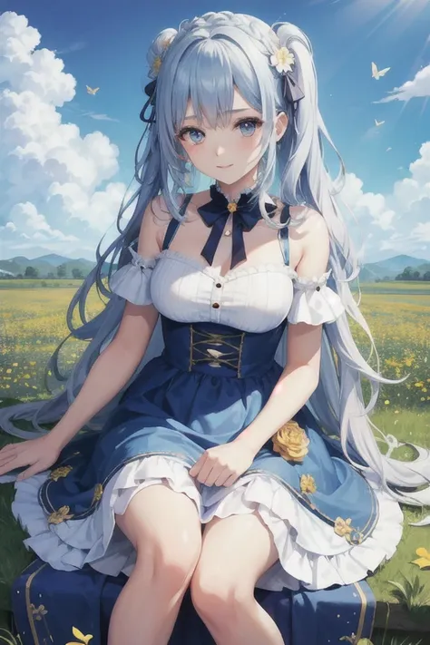 anime、kawaii"An surreal girl is sitting in a vast flower field. She is holding a colorful bouquet of flowers, and in the background there is a blue sky with white clouds. Butterflies are fluttering in the sky, and sparkling light particles are floating in ...