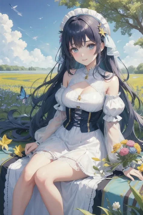 anime、kawaii"An surreal girl is sitting in a vast flower field. She is holding a colorful bouquet of flowers, and in the background there is a blue sky with white clouds. Butterflies are fluttering in the sky, and sparkling light particles are floating in ...