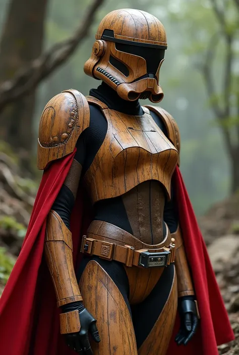 Sexy female stormtrooper (Star Wars), armored leotard, wood helmet, wood armor, wood mask, wearing red cape