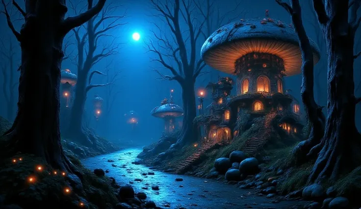 a magical and enchanting nighttime forest scene. Towering trees are adorned with oversized, luminous mushrooms that serve as whimsical shelters, some featuring charming staircases leading up to small, cozy houses. The scene is illuminated by soft lights, p...