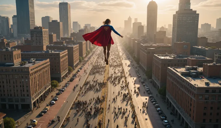 Zombies are attacking the people of city, supergirl flying in the sky, dron view from top