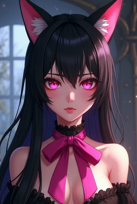 Cat Ears Black Hair Wanren Long Neck Pink Big Ribbon Sexy